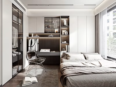 Tatami Bedroom Modern Interior Design With Bed Desk Chair Wardrobe And Natural Light 3d model