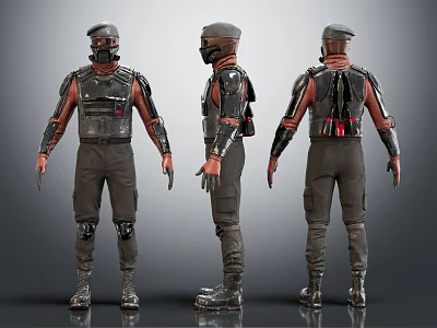 Tactical Character Design With Armor Helmet Knee Pads And Gear From Three Different Angles 3d model