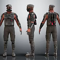 Tactical Character Design With Armor Helmet Knee Pads And Gear From Three Different Angles