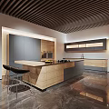 Modern Kitchen Interior With Wooden Slat Ceiling Recessed Lighting Island And Gray Cabinets