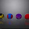 Colored Glossy Spheres Yellow Blue Purple Red Arranged in Row With Reflective Surfaces Gray Background