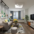 Modern Living Room Interior With Grey Sofa Yellow Chair TV Wooden Floor And Geometric Rug