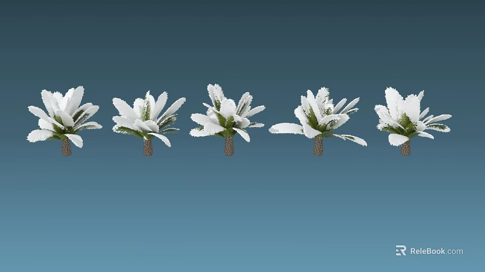 Row Of Flowering Trees With White Blossoms And Green Leaves On Blue Background 3d model 