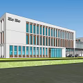 Modern Office Building Exterior With Glass Curtain Walls And Spacious Grounds