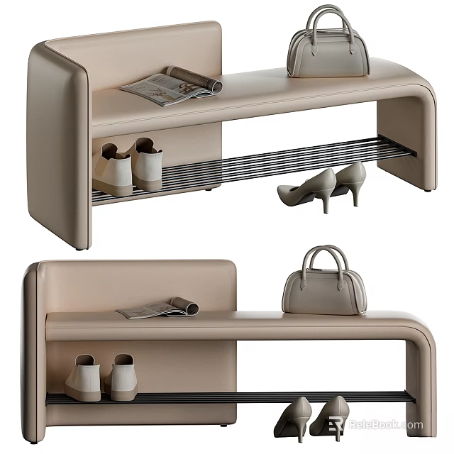 Stylish Entryway Hallway With Beige Bench Shoes Magazine And Handbag 3d model 