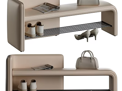 Stylish Entryway Hallway With Beige Bench Shoes Magazine And Handbag 3d model
