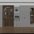 Modern White And Wooden Storage Cabinet With Arched Design Open Shelves Drawers And Decorations