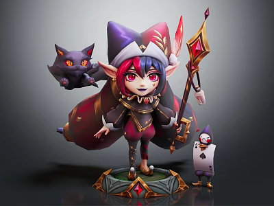 Elf Mage With Cloak And Magic Staff Accompanied By Cat Like Creature And Penguin Companion 3d model