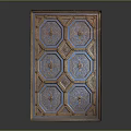 Decorative Panel With Blue Hexagonal Patterns Gold Ornamental Details And Wooden Frame