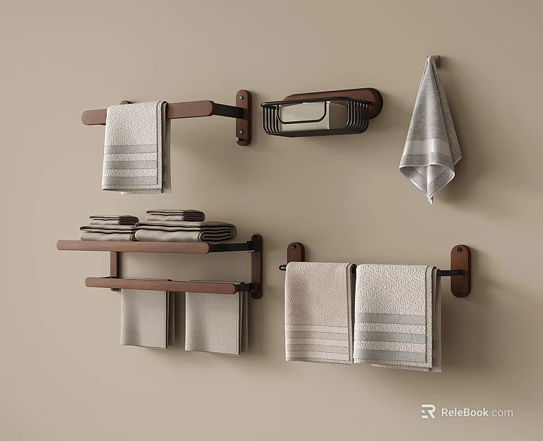 Bathroom Accessories Including Wooden Towel Racks Wall Shelves And Hanging Towels 3d model 