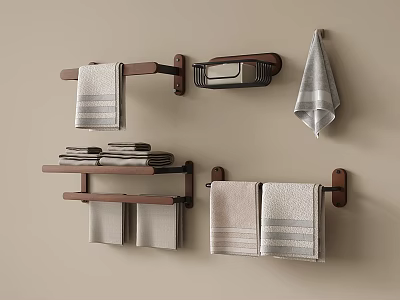 Bathroom Accessories Including Wooden Towel Racks Wall Shelves And Hanging Towels 3d model