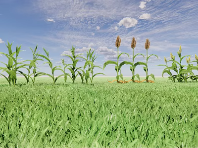 Healthy Corn Plants Growing In Green Grass With Blue Sky And White Clouds 3d model