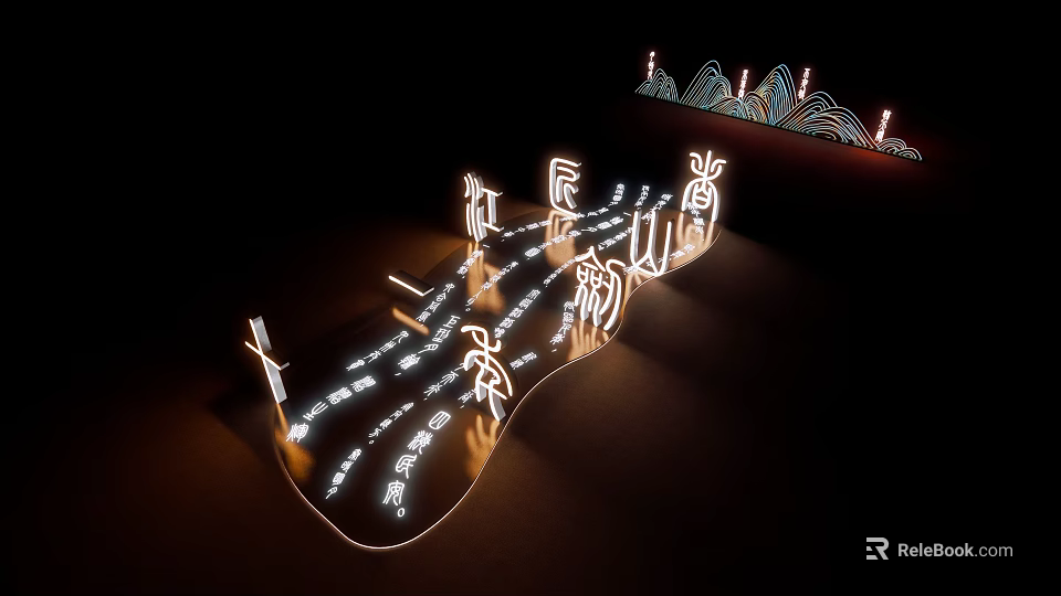 Illuminated Photo Spot With Neon Chinese Characters Figure Silhouettes And Wavy Design 3d model 