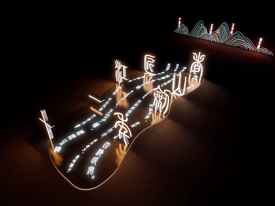 Illuminated Photo Spot With Neon Chinese Characters Figure Silhouettes And Wavy Design 3d model