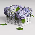 Elegant Purple Hydrangeas Displayed In Handwoven Wicker Basket With Green Leaves Scattered Around