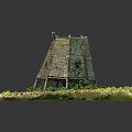 Cartoon Scene of Old Wooden Watchtower with Green Grass and Plants in Rustic Model Setting