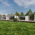 Modern Boutique Guesthouse Architecture With Large Glass Windows Wooden Deck And Green Lawn