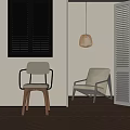 Modern Minimalist Leisure Chair with Wooden Legs in Bright Room with Shutter and Pendant Light