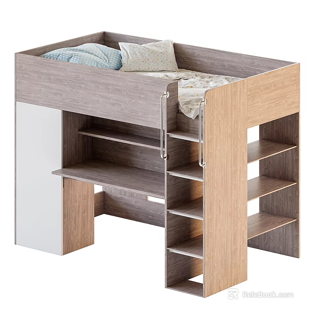 Modern Bunk Bed With Desk And Storage Shelves 3d model 