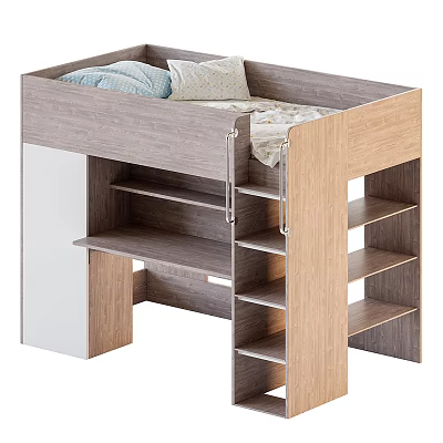 Modern Bunk Bed With Desk And Storage Shelves 3d model
