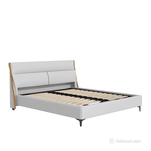 Modern Double Bed With Upholstered Headboard Yellow Trim White Frame Black Legs And Wooden Slats 3d model 