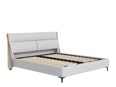 Modern Double Bed With Upholstered Headboard Yellow Trim White Frame Black Legs And Wooden Slats 3d model