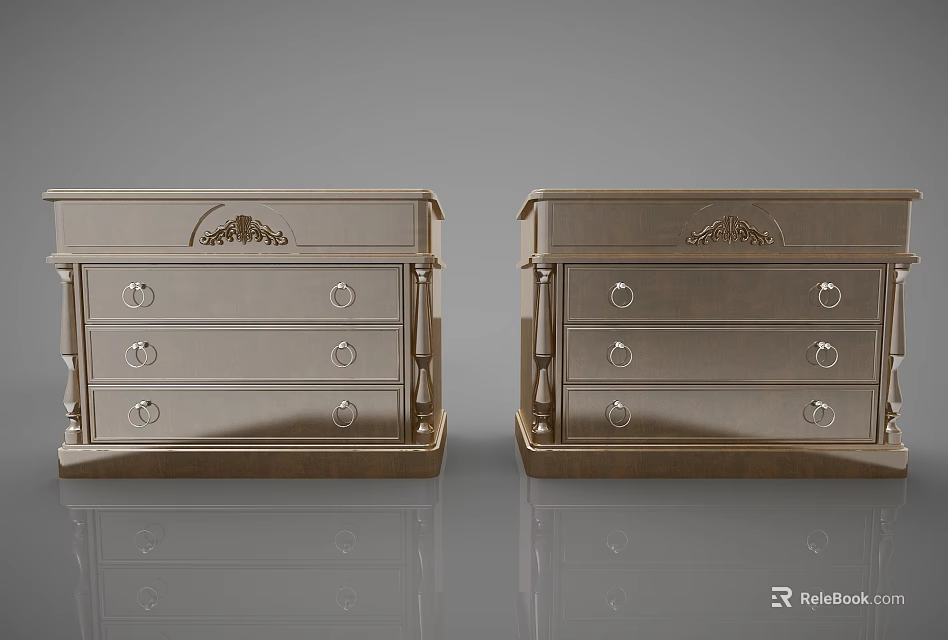 Pair of Stylish Golden Decorative Cabinets With Carved Details And Drawers 3d model 