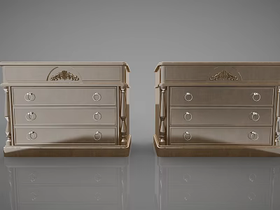 Pair of Stylish Golden Decorative Cabinets With Carved Details And Drawers 3d model