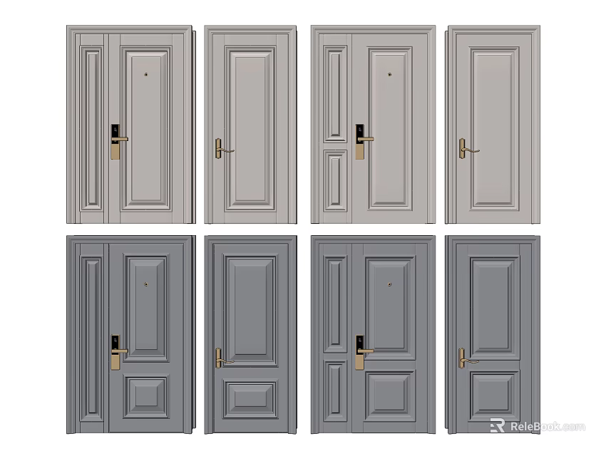Hinged Doors In Gray With Different Styles For Home Interior Design 3d model