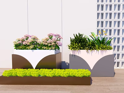 Outdoor Flower Pots with Pink Blooms Green Plants and Yellow Flowers Against White Wall 3d model