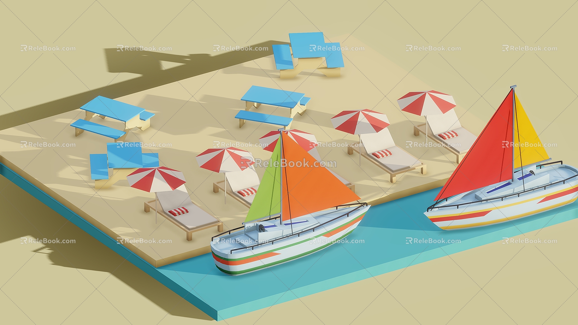 Cartoon Yacht Port Yacht Beach Cartoon Beach Beach Sun Umbrella Cartoon Scene 3d model