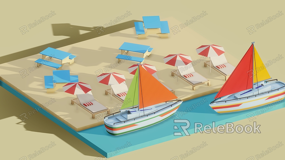 Cartoon Yacht Port Yacht Beach Cartoon Beach Beach Sun Umbrella Cartoon Scene model