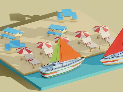 Colorful Sailed Yachts Near Sandy Beach With Red White Sun Umbrellas And Blue Loungers 3d model
