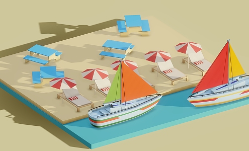 Cartoon Yacht Port Yacht Beach Cartoon Beach Sun Umbrella Cartoon Scene 3d model