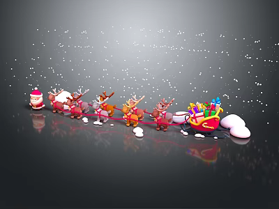 Santa Claus With Reindeer Pulling Sleigh Loaded With Colorful Gifts On Snowy Background 3d model