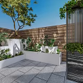 Terrace Garden Landscape With Vertical Green Wall Stone Pavement White Chairs And City Skyline