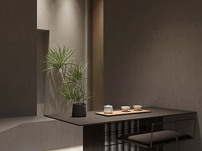 Modern Minimalist Tea Room With Green Plant Wooden Table And Serene Atmosphere 3d model
