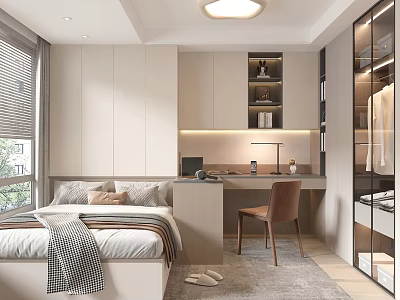 Modern Tatami Bedroom Interior With Bed Desk Chair Cabinet And Window 3d model