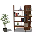 Modern Wooden Bookshelf With Books Vase Clock Stationery And Green Plant