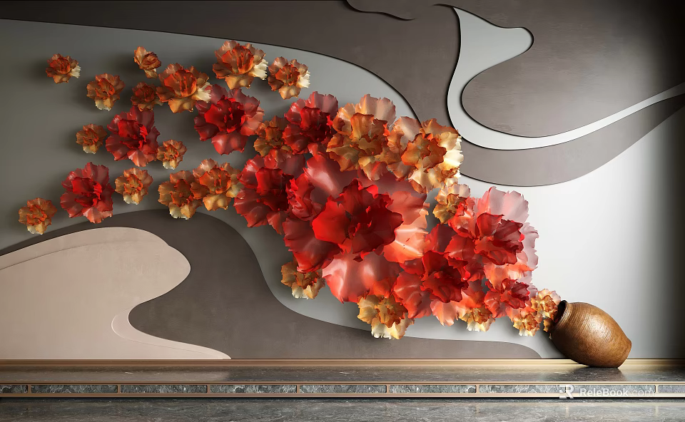 Vibrant Red Orange Flower Petal Wall Decor On Gray Curved Background With Clay Pot 3d model 