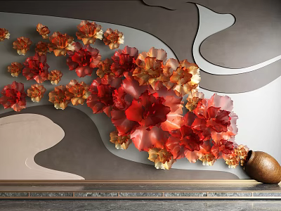 Vibrant Red Orange Flower Petal Wall Decor On Gray Curved Background With Clay Pot 3d model