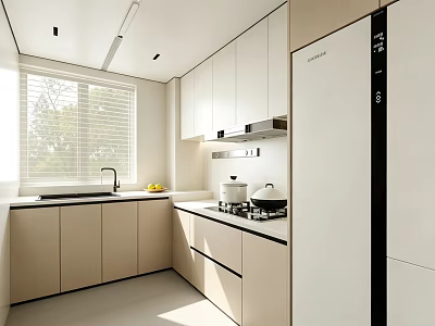 Modern Restaurant Kitchen Interior With White Cabinets Refrigerator Window Sink And Stove 3d model