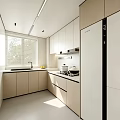 Modern Restaurant Kitchen Interior With White Cabinets Refrigerator Window Sink And Stove
