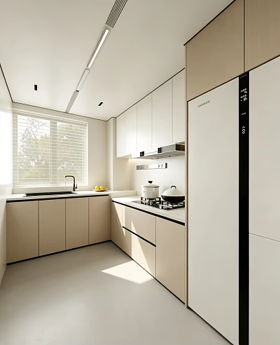 Modern Restaurant Kitchen Interior With White Cabinets Refrigerator Window Sink And Stove 3d model