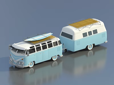 Vintage Light Blue Campers With Solar Panels On Roof And Retro Design 3d model