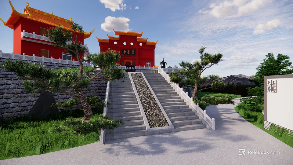 Traditional Ancient Architecture With Red Walls Yellow Roofs Stone Steps And Pine Trees 3d model 