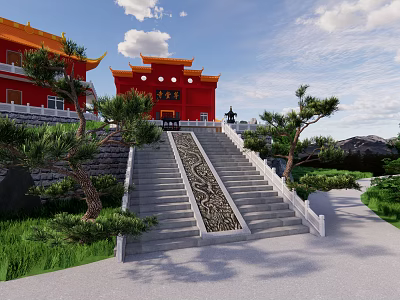 Traditional Ancient Architecture With Red Walls Yellow Roofs Stone Steps And Pine Trees 3d model