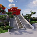 Traditional Ancient Architecture With Red Walls Yellow Roofs Stone Steps And Pine Trees