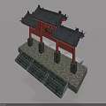 Chinese Traditional Red Flat Door Featuring Black Roof and Stone Base Pillars