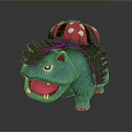 Turquoise Fantasy Game Character With Open Mouth Red Eyes Green Leaf And Pink Flower